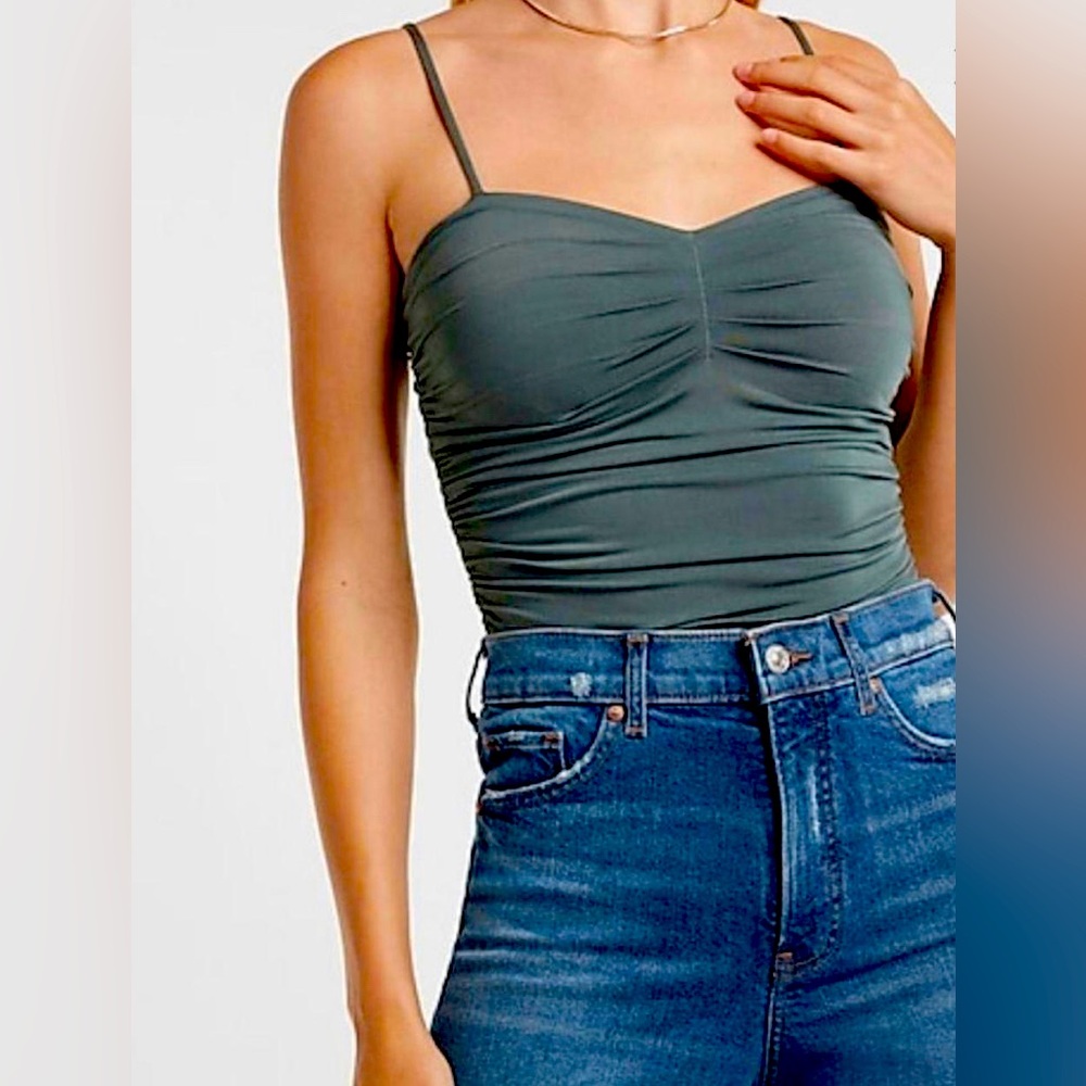 Express body contour compression silky ruched thong body suit in basil 🌿 green!